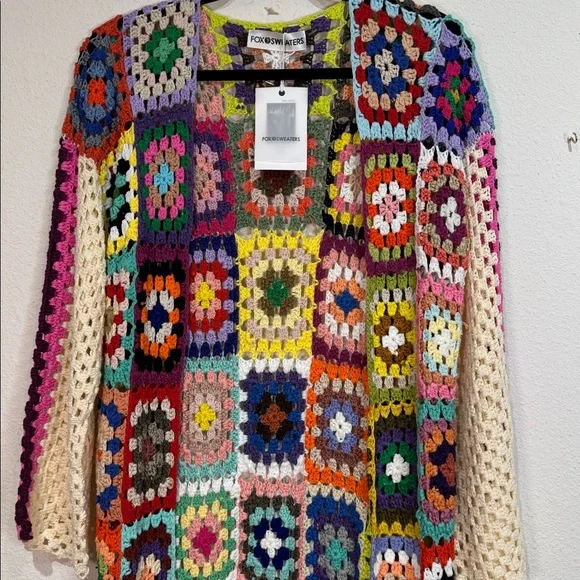 Fox Sweaters Colorful Crochet Patchwork Boho Ethnic Gypsy Cardigan New large - Picture 4 of 6